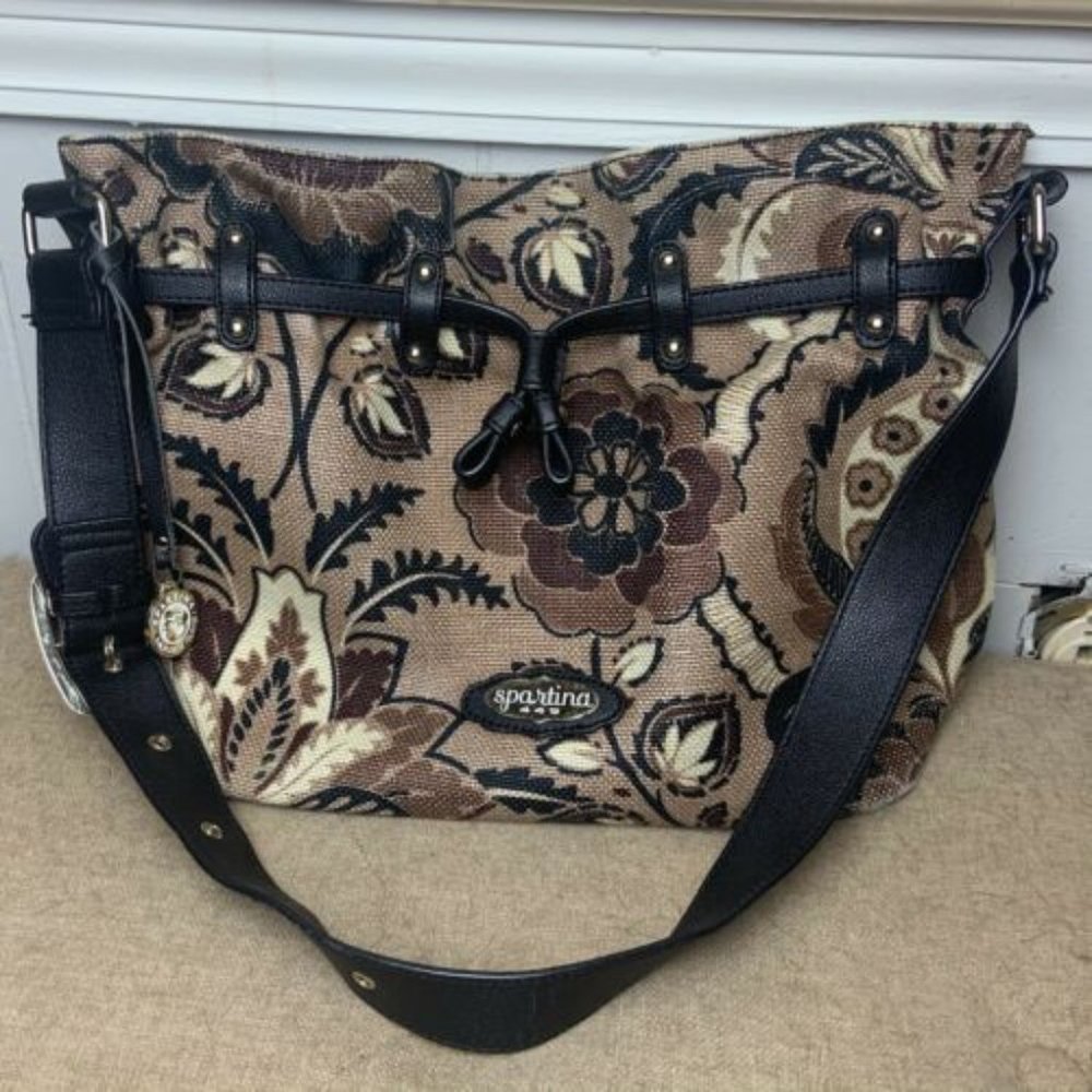 Spartina 449 Daufuskie Island Gray Brown/Black/Tan Floral Linen Tote Bag